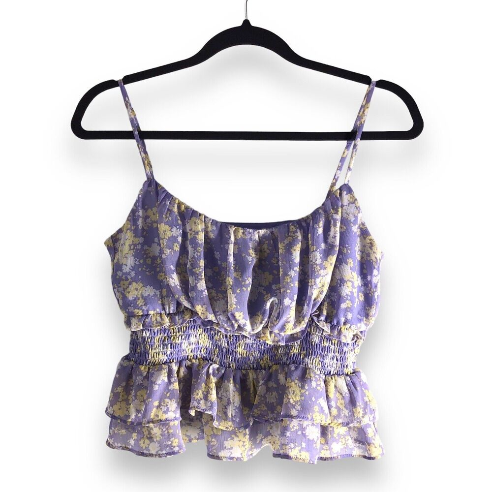 ASTR The Label Size Small Cropped Smock Waist Tank Top Purple Floral Flouncy
